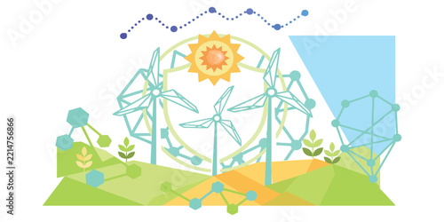 Renewable Green Energy and Sustainable Technology Concept with Wind Turbines, Sun and Smart Grid Vector Illustration.