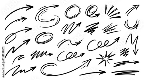 Set of hand-drawn sketchy whiteboard motion gesture marks, directional arrows and dynamic swooshes