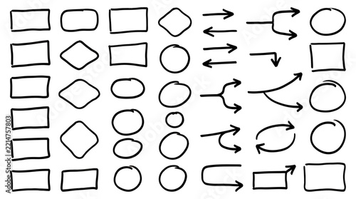 Set of hand-drawn sketchy whiteboard flowchart elements, process boxes, decision nodes and arrows