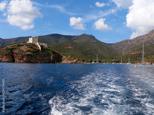 Girolata Genoese fort on rocky promontory with Mediterranean sea Corsica