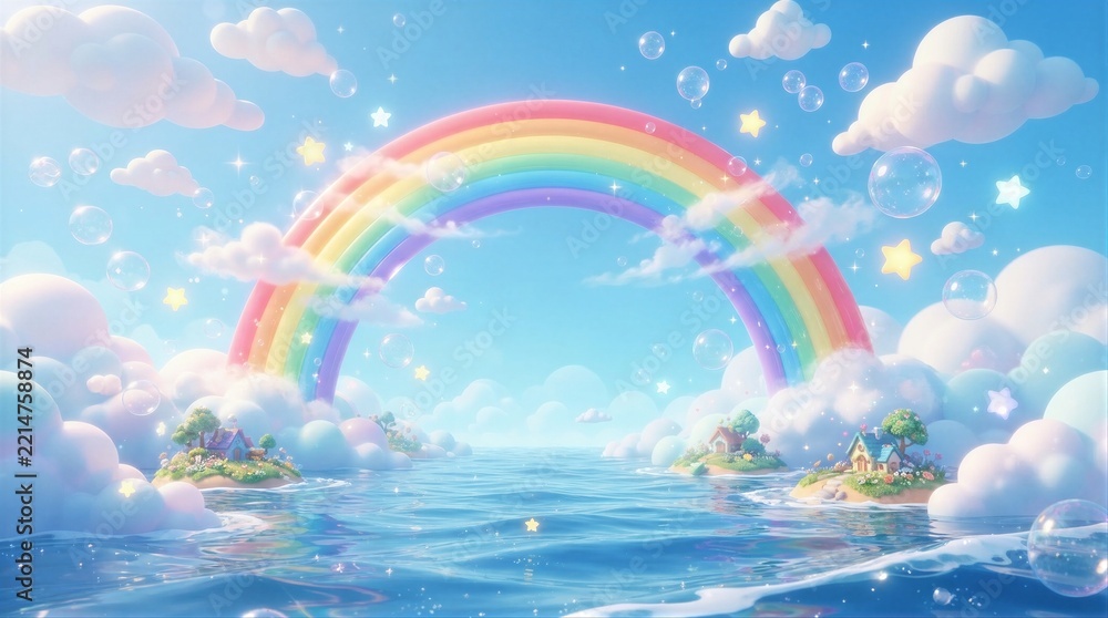 Fototapeta premium Bubbly sky with a vivid rainbow arching above gentle waves. Clouds float softly, glowing with starlight and bubbles. Tiny islands drift in calm blue waters, crowned with greenery