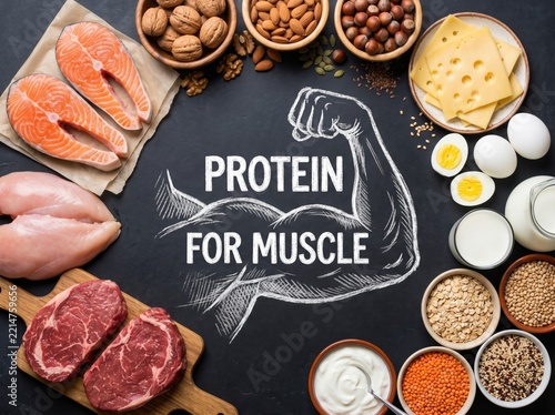 Protein nutrition foods muscle growth with salmon, meat, eggs, dairy, nuts and legumes on chalkboard background