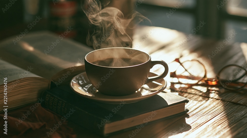 Fototapeta premium Steaming Cup of Coffee Placed on a Stack of Books With Glasses in Morning Sunlight