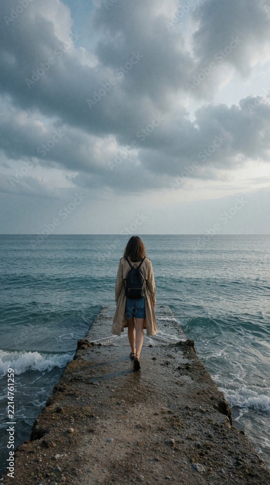 Fototapeta premium Back view of lonely woman walking on stone pier towards ocean. Young female traveler with backpack explores sea coast under cloudy sky. Solitary person enjoys peaceful nature, calm waves during