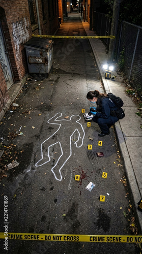 Crime Scene Investigation Detective Examining Chalk Outline and Evidence Markers in Grimy Alleyway