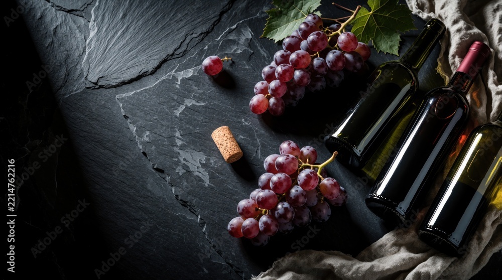 Fototapeta premium Red wine bottles, fresh purple grapes on dark slate background. Rustic still life with cork, cloth. Elegant composition for winery, vineyard tasting event. Autumn harvest theme with alcoholic