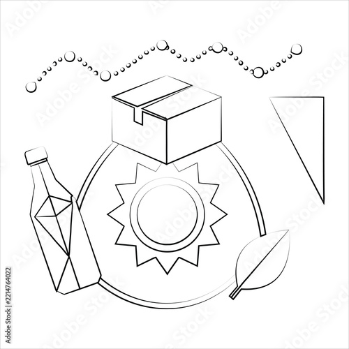 Sustainable Packaging and Eco Friendly Recycling Concept with Cardboard Box, Glass Bottle and Green Leaf Vector Illustration.