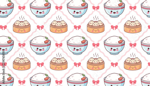 Cute Rice Bowl and Dim Sum Steamer Pattern Background