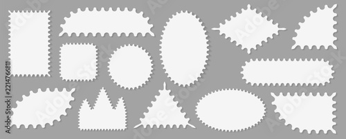 Pack of scalloped white postage frames isolated. Outline border template. Simple minimalist label text box. Blank scallop edge stamp mockup. Vector illustration