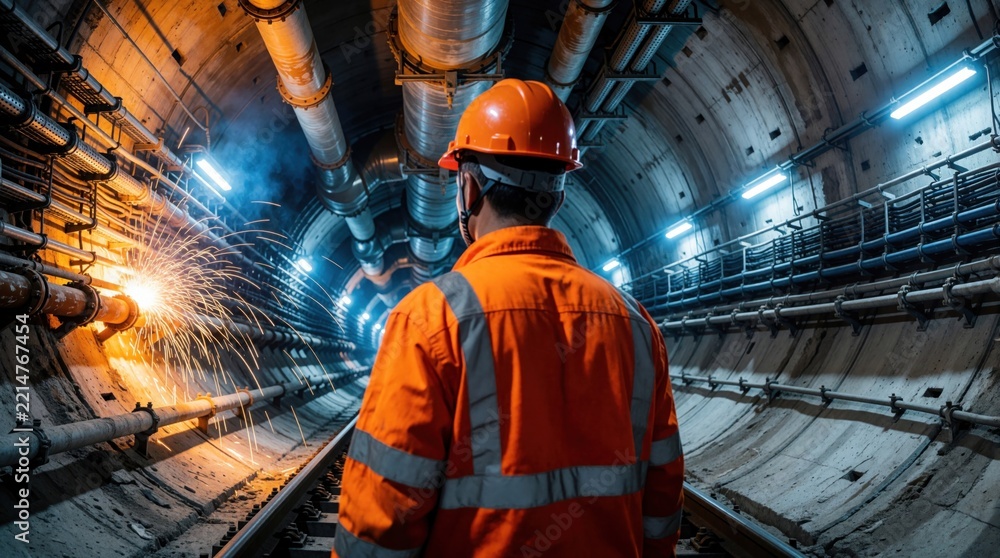 Fototapeta premium Male engineer in orange workwear, safety helmet stands in underground tunnel. Industrial worker watches sparks from welding work on metal pipes. Civil construction site features heavy machinery,