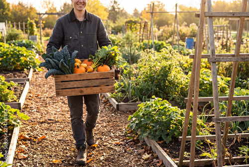 Cheerful Gardener Holding Crate Of Fresh Autumn Vegetables Outdoors
