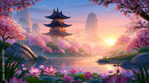 Scenic Chinese Spring Landscape With Blooming Cherry Blossoms at Sunset