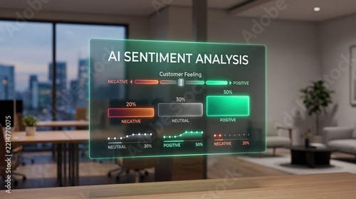Dynamic AI Sentiment Analysis Dashboard Displaying Real-time Customer Feedback and Insights in a Modern Futuristic Office Environment