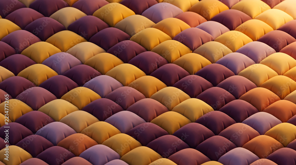 Naklejka premium Abstract background, of repeating, soft, inflated, rounded square, cushions in shades, of yellow, orange, and purple, arranged, in a grid, pattern with soft lighting