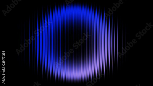 3D Glass gradient Neon Blue Purple Fluted Sphere, Abstract Ribbed Vertical Line Distortion, Glowing Violet Circular Light Refraction 3D Render – Central circular glowing halo in electric blue, violet
