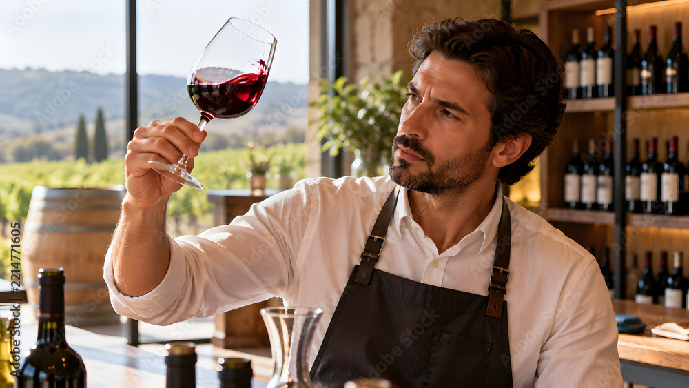 Fototapeta premium Sommelier Swirling Red Wine Glass During Tasting 