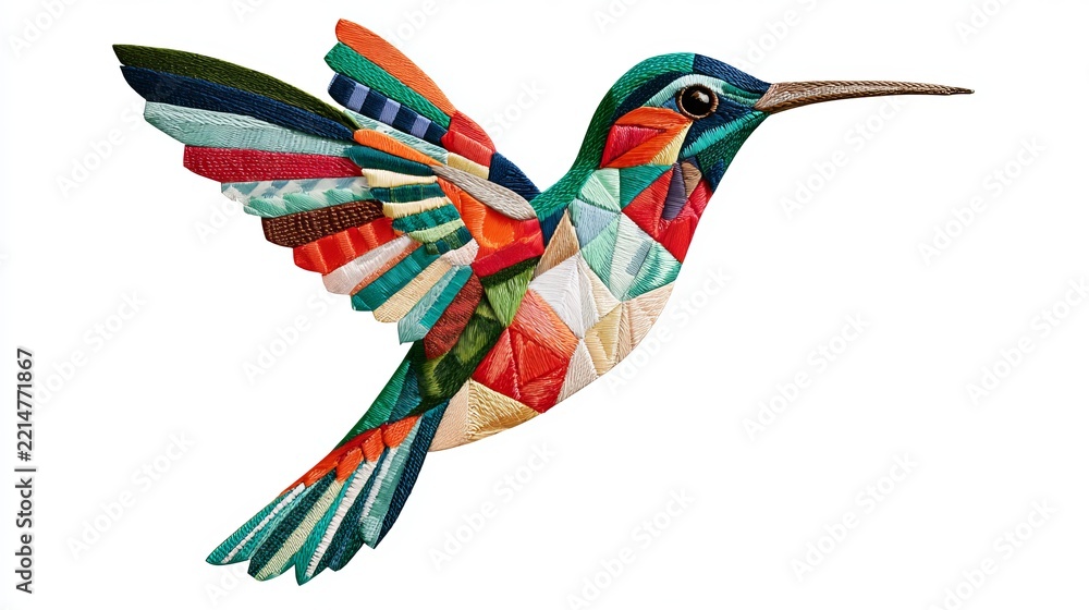 Fototapeta premium Colorful geometric hummingbird gracefully soaring, displaying vibrant plumage against a clean white backdrop, perfect concept art
