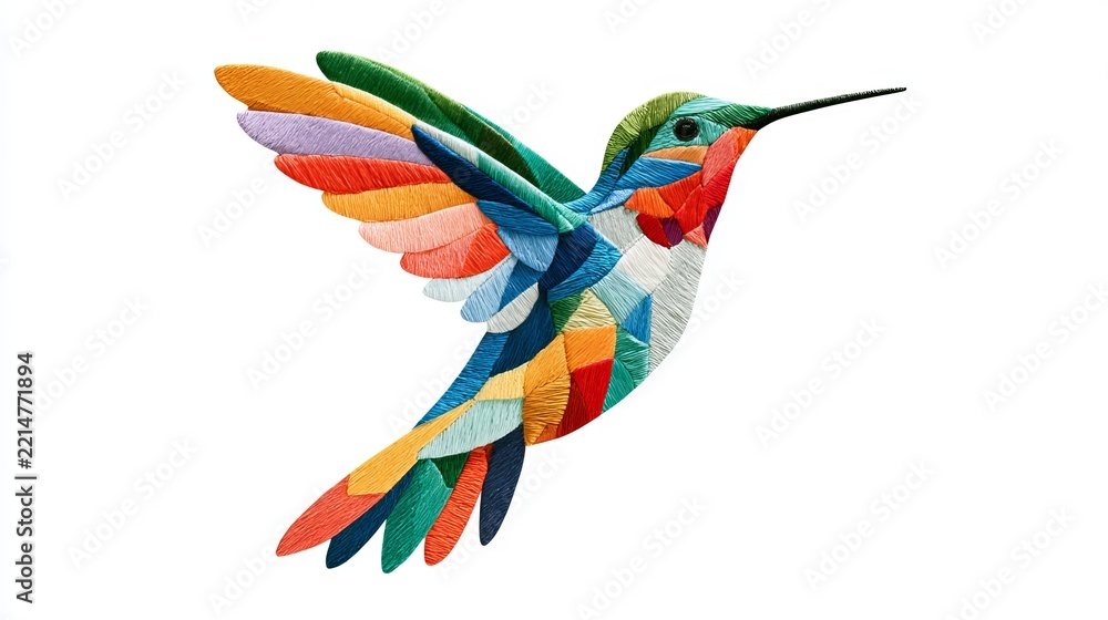 Fototapeta premium Vibrant hummingbird mid-flight displaying colorful geometric patterns, isolated against a clean white background, artistic concept