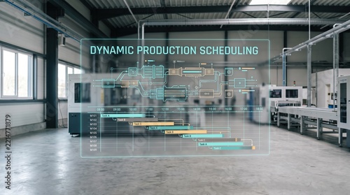 Dynamic production scheduling system displayed on a holographic interface in a modern industrial factory, optimizing efficiency and operations in advanced manufacturing