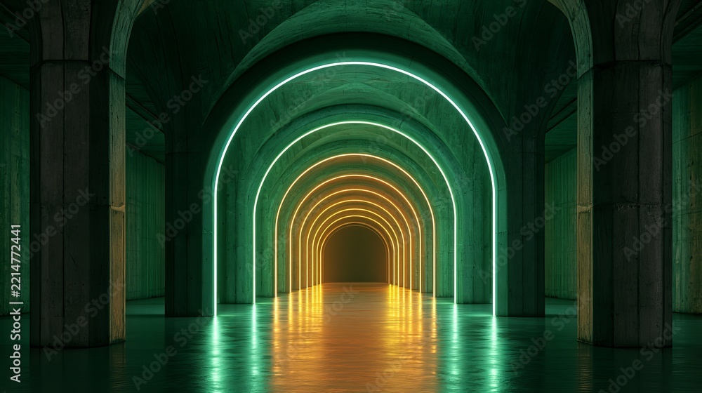 Fototapeta premium Illuminated archway tunnel, glowing neon lights creating a futuristic pathway, a vibrant concept for innovation and progress