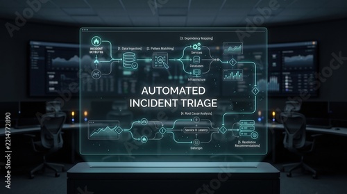 Automated incident triage system visualized on a futuristic holographic interface within a modern control room, demonstrating advanced data flow processes for optimized cybersecurity operations