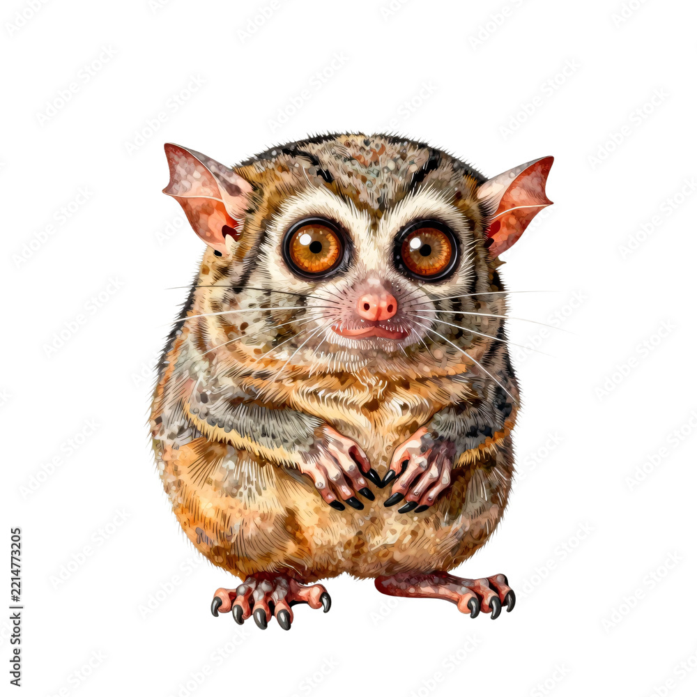 Fototapeta premium A small, furry galago with big, orange eyes and long fingers stands on its feet