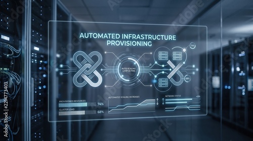 Innovative graphic interface demonstrating streamlined automated infrastructure provisioning process within a secure, high-performance data center environment