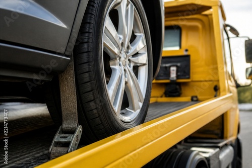 Car wheel secured on flatbed tow truck during vehicle recovery