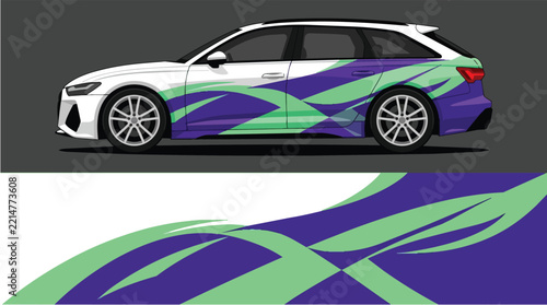 Car Wrap Design with Dynamic Wave Decal in Purple and Mint Green
