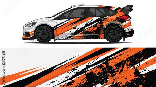 Aggressive Car Wrap Design with Orange Black Splatter Livery