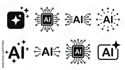 Artificial intelligence icons set featuring microchips and glowing text symbols in black vector style
