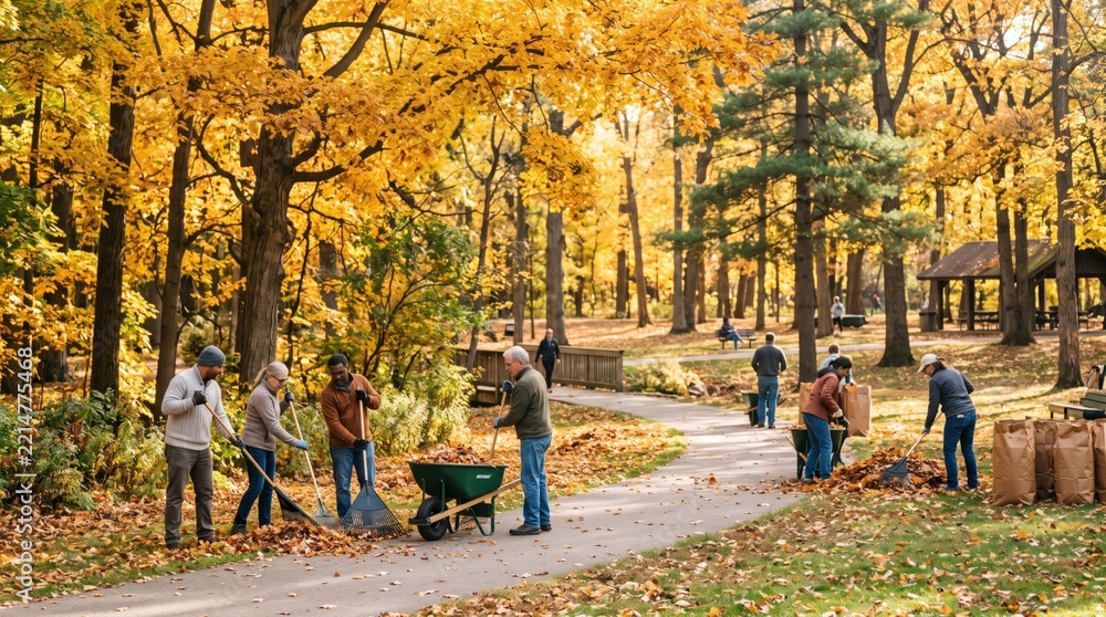 Fototapeta premium A group of volunteers raking fallen golden leaves along a park path during an autumn community cleanup