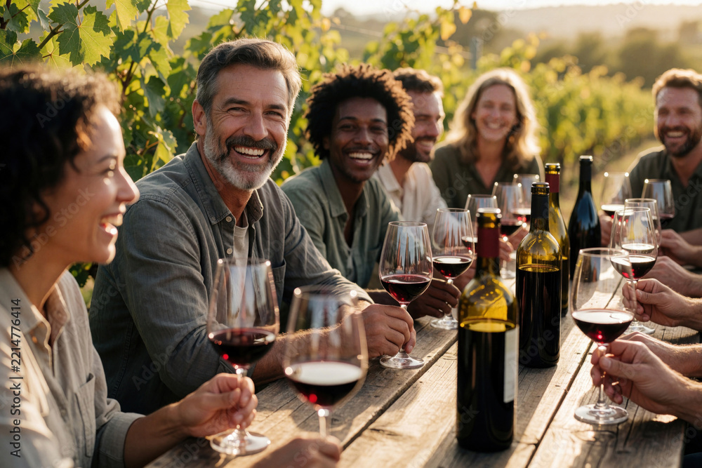 Naklejka premium Happy group of diverse friends enjoy wine tasting at outdoor wooden table in sunny vineyard. Smiling men, women drink red wine, celebrate harvest, talk together. Winemakers tourists relax in grape