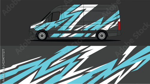 Car Wrap Design with Geometric Camouflage Decal in Blue and Gray