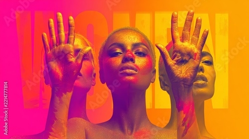 Women celebrating strength with colorful body paint and hand gestures