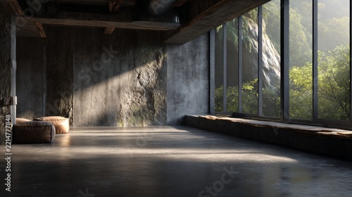 Sunlight enters a spacious room with large windows and a view of nature outside