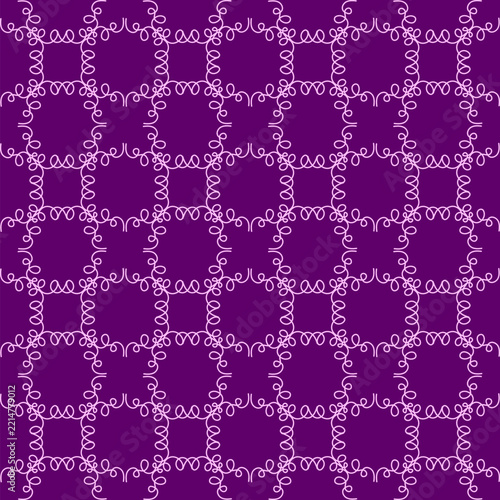 Rich Purple Floral Lattice Seamless Pattern with Delicate White Botanical Ornaments and Elegant Vintage Decorative Texture