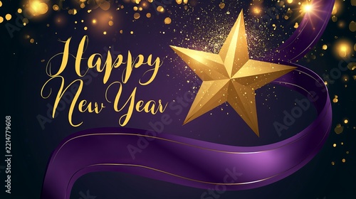 Golden star shines brightly above elegant purple ribbon, happy new year message, festive holiday background concept