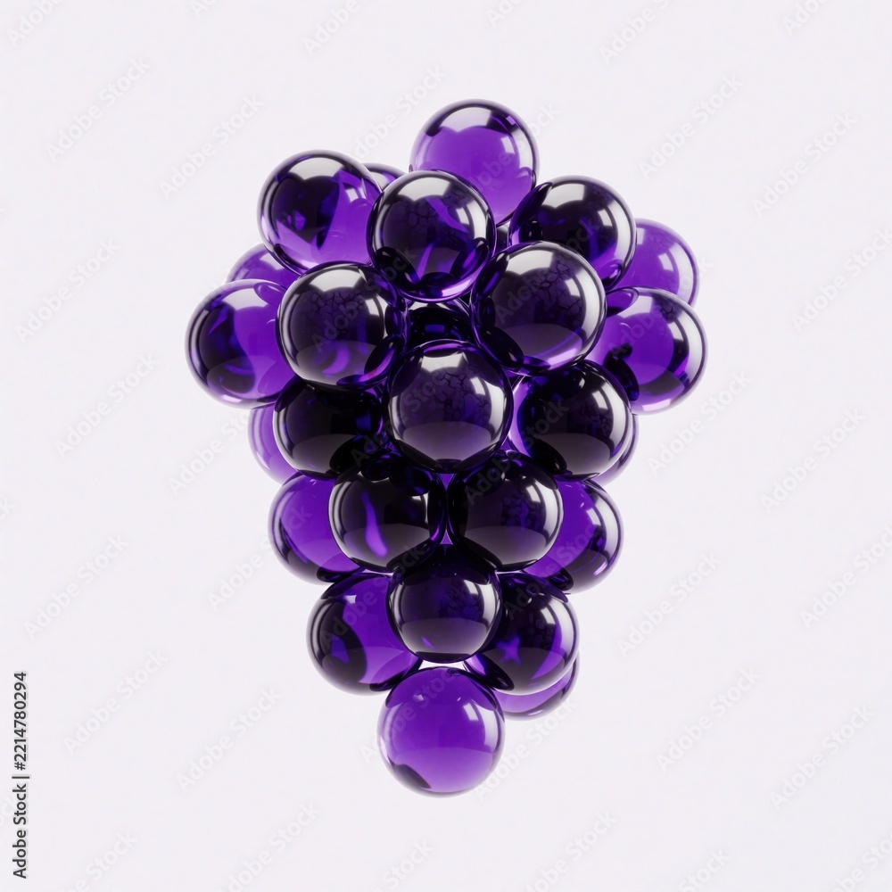 Fototapeta premium Realistic 3D render of purple grape bunch. Glossy glass style fruit icon with translucent berries. Shiny organic food object on white background. High quality digital art for wine branding, healthy