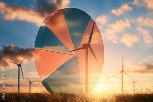 Translucent pie chart overlaying wind turbines at golden hour sunset