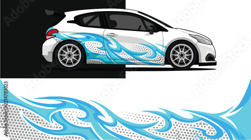 Car Wrap Design with Wave Decal in Blue and White