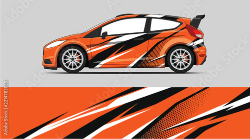 Car Wrap Design with Aggressive Racing Livery in Orange Black White
