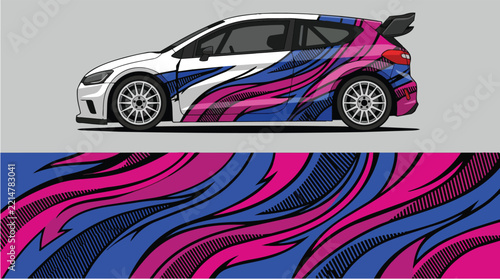 Car Wrap Design with Dynamic Racing Livery in Pink and Blue