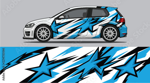 Car Wrap Design with Dynamic Blue and Black Racing Livery