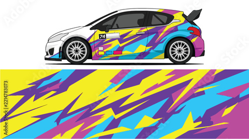 Car Wrap Design with Racing Livery in Vibrant Geometric Decal