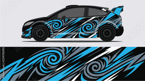 Car Wrap Design with Swirl Decal in Blue Black and Gray