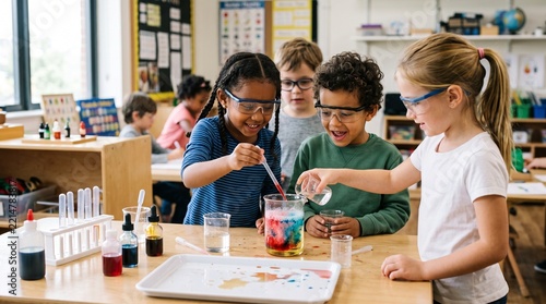 Diverse group of elementary school children engaged in a colorful science experiment in a classroom setting