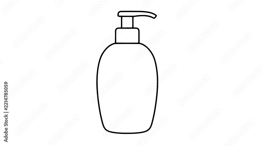 Obraz premium Black outline vector icon of a pump dispenser bottle with rounded body neck and angled nozzle head drawn with thin lines centered vertically distinguishing it from squeeze tubes without pumps