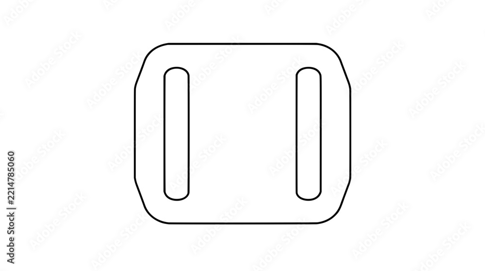 Obraz premium Black outline vector icon of a rectangular strap adjuster plate with rounded tapered sides and two vertical slots drawn with thin lines centered separating it from buckle frames without prongs