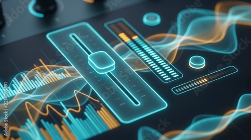 Futuristic sound wave software highlights digital equalizer fader alongside glowing audio lines. Electronic studio interface visualizes acoustic frequencies with bright cyan and amber meters.